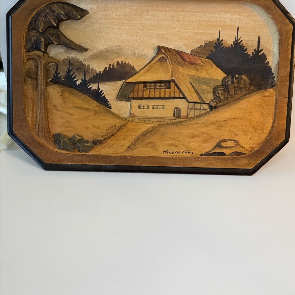 Vintage Hand Carved Wooden Wall Art Alpine Chalet Scene | Rustic Cabin Decor